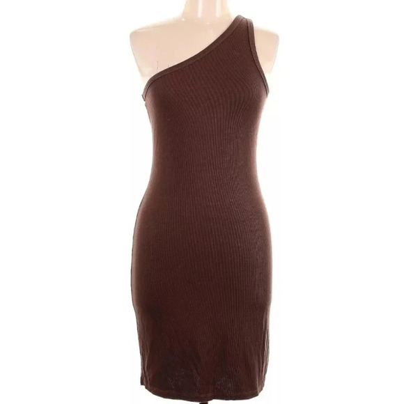 Articles Of Society Jade Dress in Chocolate Brown Ribbed Mini One Shoulder Dress - Picture 1 of 2